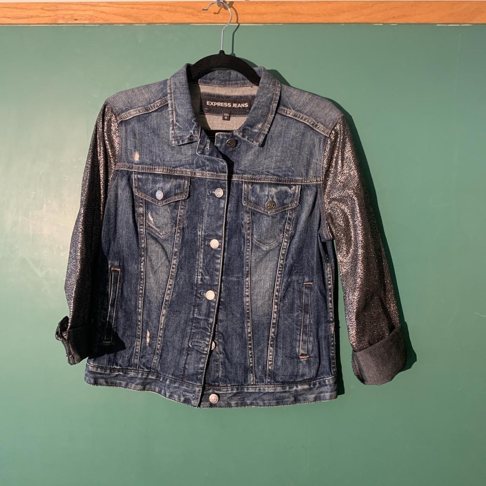 Express Jeans Denim Jacket Metallic Silver Sleeves Blue Distressed Medium